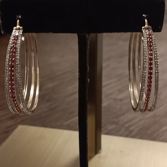 10K YELLOW GOLD RUBIES N DIAMOND HOOP EARRINGS - Picture 3 of 7